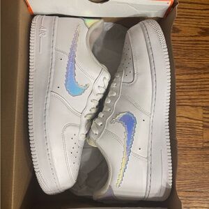 Nike Air Force 1 low-top white sneakers with Iridescent Pixel Blue Swoosh